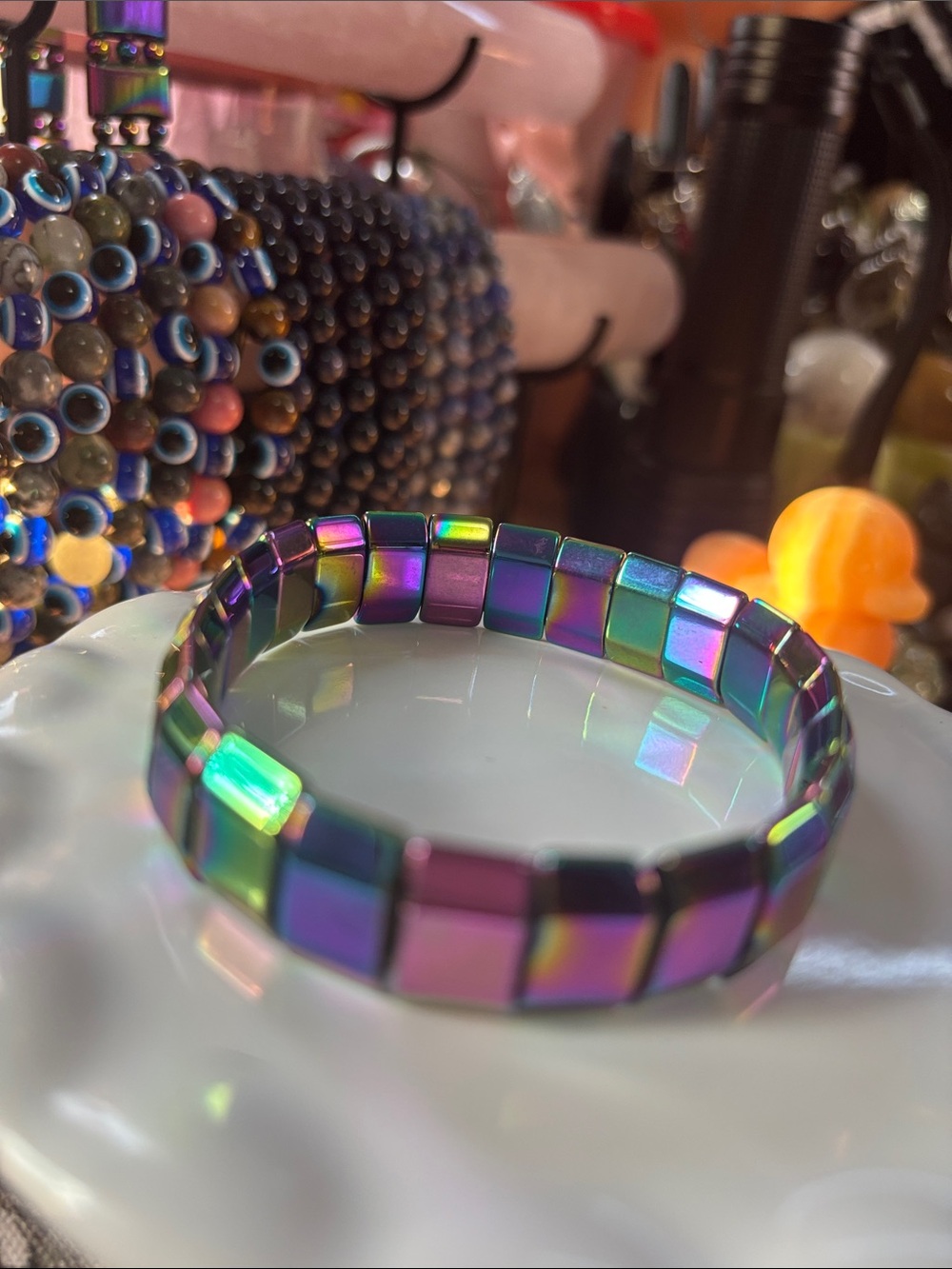 Iridescent Stretch Tile Bracelet - Rainbow Hematite